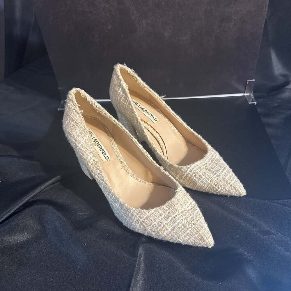 Karl Lagerfeld Addie2 Gold and Cream Block Heel Pumps
